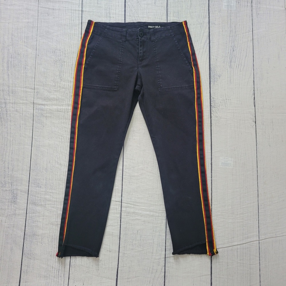 Pam & Gela Size 27 Side‎ Stripe Cropped Black Jeans Corset Back Raw Hem